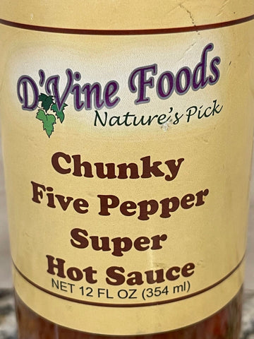 3 BOTTLES D'Vine Foods Chunky Five Pepper Super Hot Sauce 12 oz