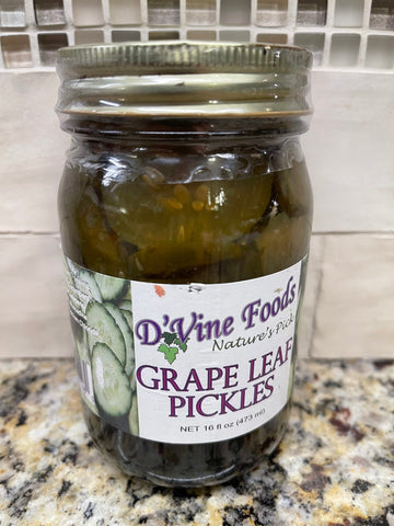 D'vine Foods Grape Leaf Pickles 16 oz Jar Snack Sandwich Burger Dill