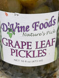 D'vine Foods Grape Leaf Pickles 16 oz Jar Snack Sandwich Burger Dill