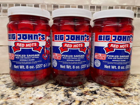 3 JARS Big John's Pickled Pork Sausage 8 oz Jar Red Hots Meat Wieners FREE SHIP