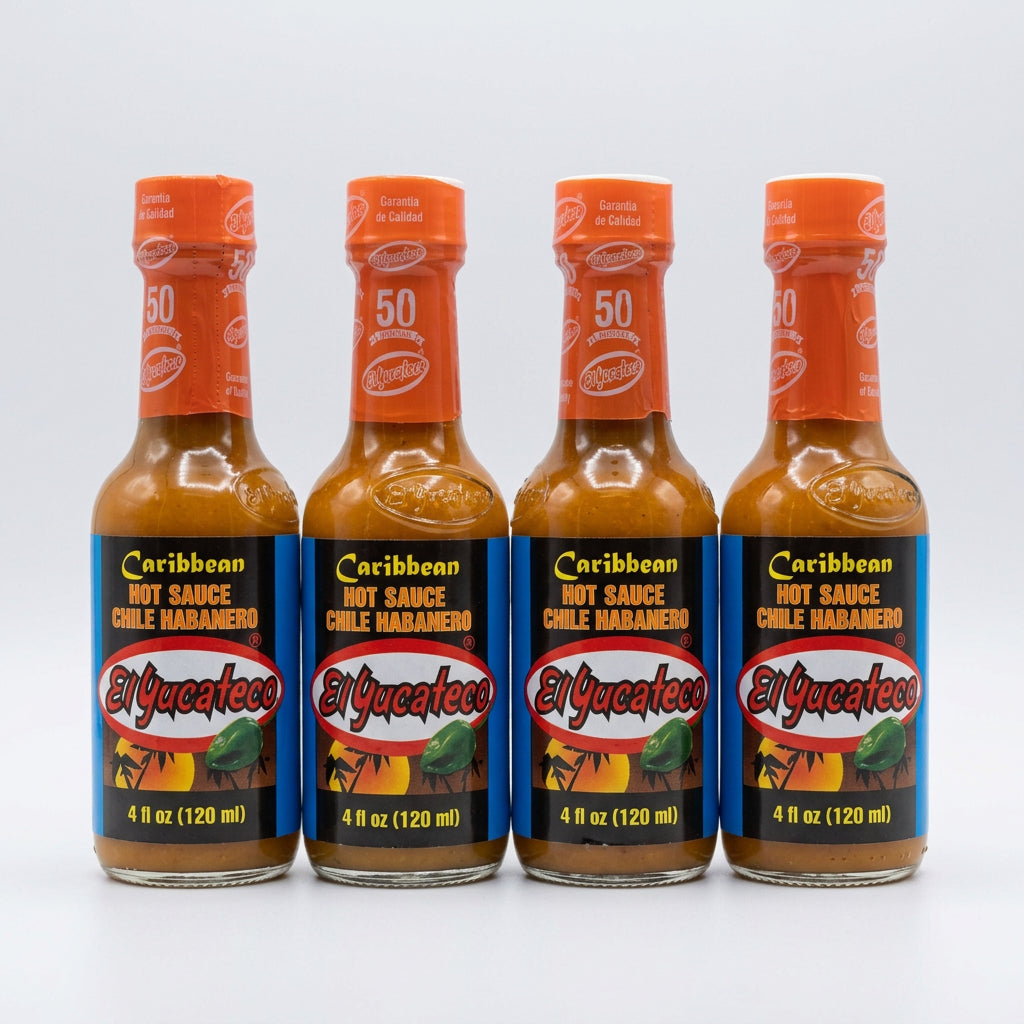 4 Bottles of El Yucateco Chile Habanero Caribbean Hot Sauce Salsa, 4 oz