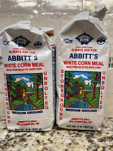 2 BAGS Abbitts Mills Medium Ground White Corn Meal 2 Lb Bag flour Unbolted