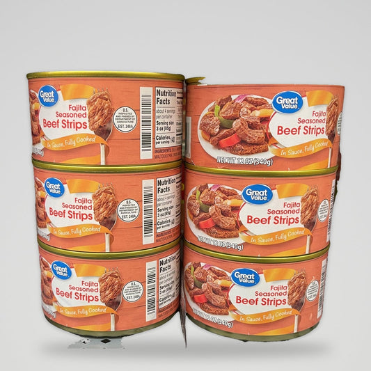 6 Cans of Great Value Fajita Seasoned Beef Strips in Sauce, 12 oz
