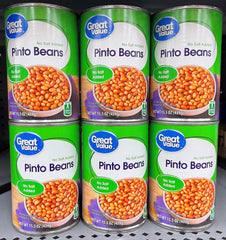 6 CANS Great Value No Salt Added Pinto Beans 15.5 oz Can Frijoles Soup