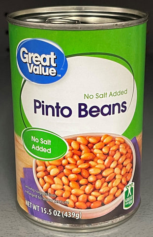 6 Cans of Great Value No Salt Added Pinto Beans, 15.5 oz