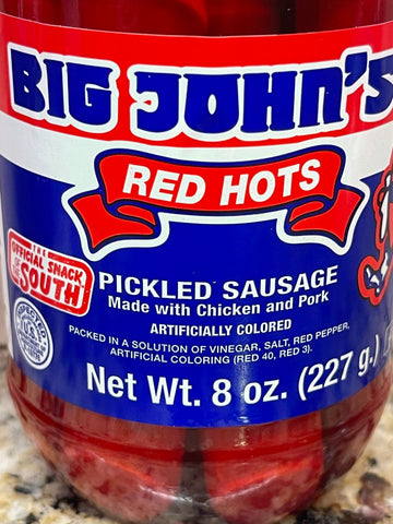 2 JARS Big John's Pickled Pork Sausage 8 oz Jar Red Hots Meat Wieners