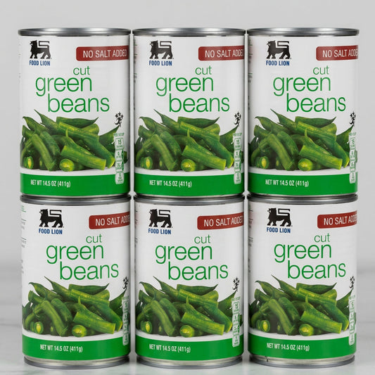 6 Cans of Food Lion No Salt Added Cut Green Beans, 14.5 oz