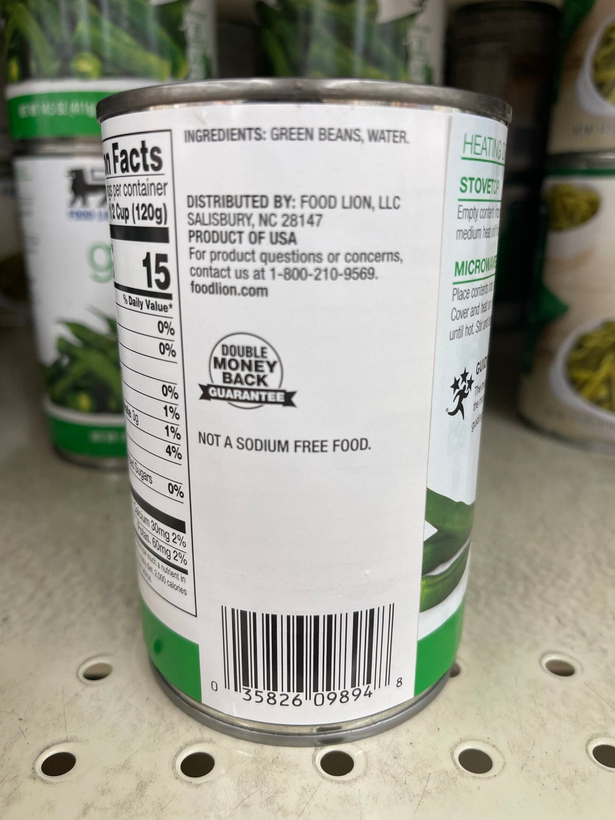 6 Cans of Food Lion No Salt Added Cut Green Beans, 14.5 oz