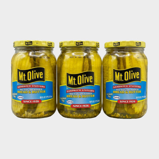 3 Jars Mount Olive No Sugar Added Pickle Bread & Butter Sandwich Stuffers, 16 oz