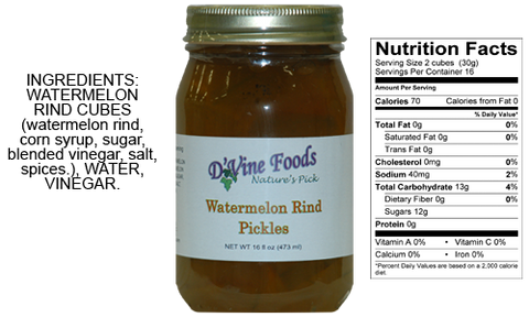 D'vine Foods Watermelon Rind Pickles 16 oz Jar Pickled Snack Salad Dill