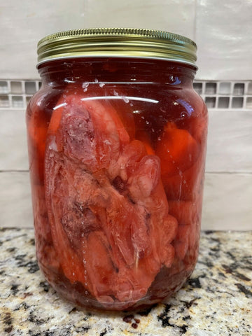 1/2 Gallon Jar Hannah's Pickled Pig's Feet Pork Sausage Wieners Red Hot Snack