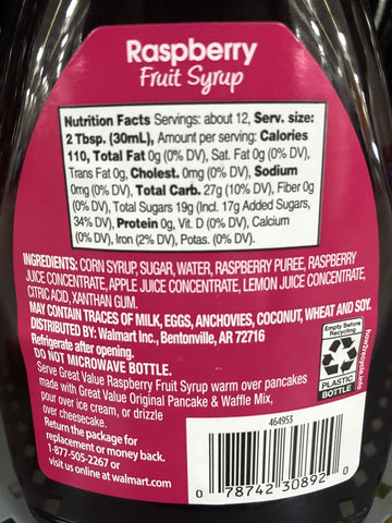 FOUR BOTTLES Great Value Raspberry Fruit Syrup 12 fl oz Pancake Waffle Breakfast