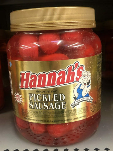 1 Quart Jar of Hannah Pickled Pork Sausage Red Hots Meat Snack Wieners