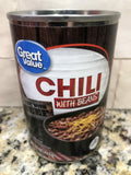 4 CANS Great Value Chili with Beans 15 oz can made with Beef Nachos Stew