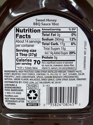 3 BOTTLES Food Lion Sweet Honey BBQ Sauce 18 oz Barbecue Pork Ribs