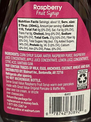 FOUR BOTTLES Great Value Raspberry Fruit Syrup 12 fl oz Pancake Waffle Breakfast