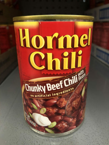 4 CANS Hormel Chili Chunky Beef with Beans 15 oz Hamburger Sauce Hot Dog