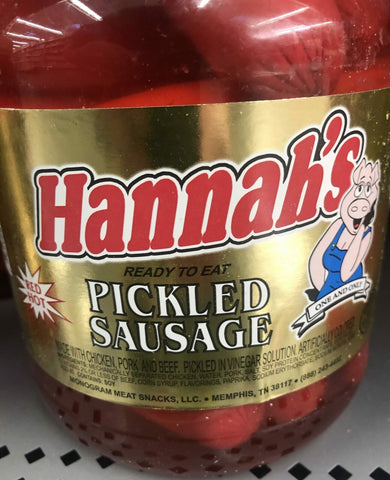 1 Quart Jar of Hannah Pickled Pork Sausage Red Hots Meat Snack Wieners