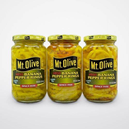 3 Jars of Mount Olive Hot Banana Pepper Rings, 12 oz