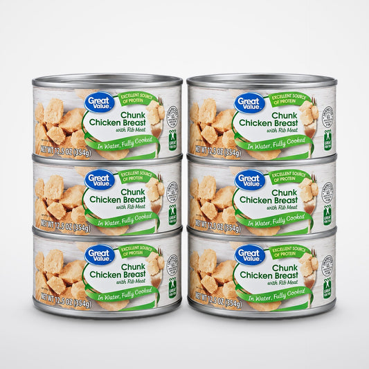 6 Cans of Great Value Fully Cooked Chunk Chicken, 12.5 oz
