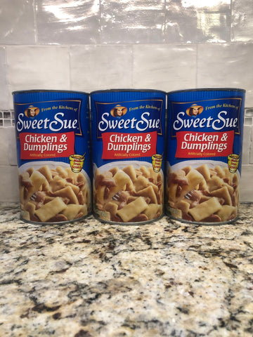 3 CANS Sweet Sue Chicken & Dumplings 48 oz can Biscuit Pastry Stew 9 LBS!