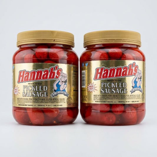 2 Jars of Hannah Pickled Pork Sausage Red Hots Wieners, 32 oz