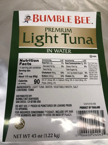 2 POUCHES Bumble Bee Premium Light Tuna in Water 43 oz Bag Protein FREE SHIP