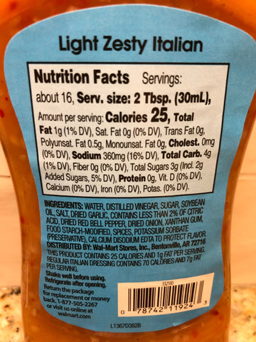 4 Bottles of Great Value Light Zesty Italian Salad Dressing, 16 oz