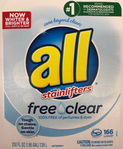 all 2X Ultra Stain lifter Free & Clear 166 loads 250 oz Detergent Hypoallergenic