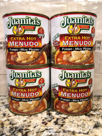 4 CANS Juanita's Extra Hot Menudo 25 oz Soup Tripe Stock