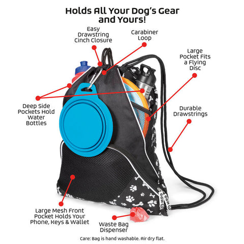 BLACK Paw Print Mobile Dog Gear Dogssentials Drawstring Cinch Sack Food Toys