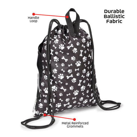 BLACK Paw Print Mobile Dog Gear Dogssentials Drawstring Cinch Sack Food Toys