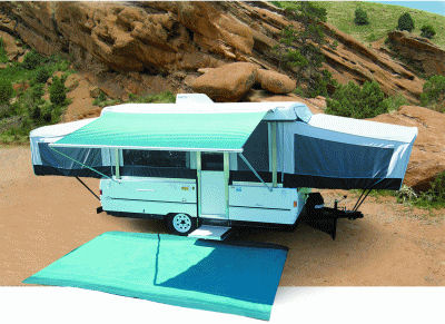 10 ft Campout Bag Awning in Sierra Brown Denim Stripes for Pop Up Camper Trailer