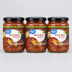 Three 16 oz Great Value Mild Black Bean and Corn Salsa jars on a light gray background