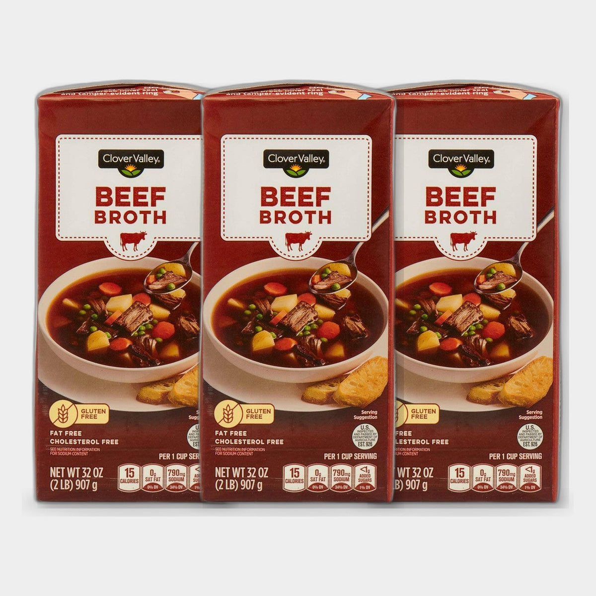 3 Cartons Clover Valley Beef Broth, 32 oz