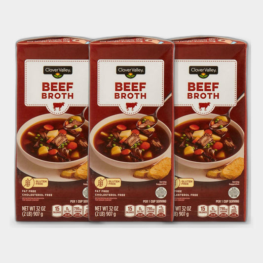 3 Cartons Clover Valley Beef Broth, 32 oz