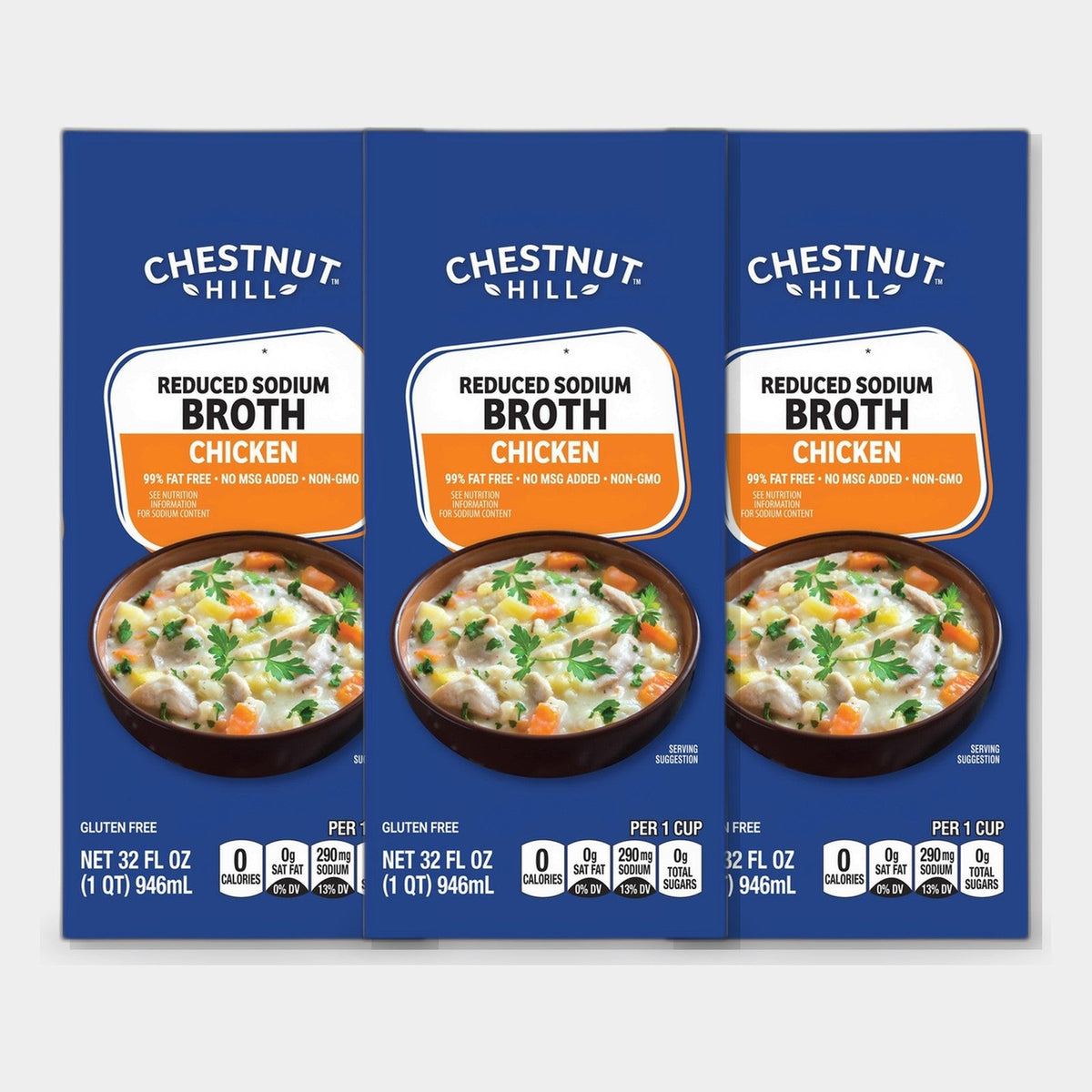 3 Cartons Chestnut Hill Chicken Reduced Sodium Broth, 32 fl oz
