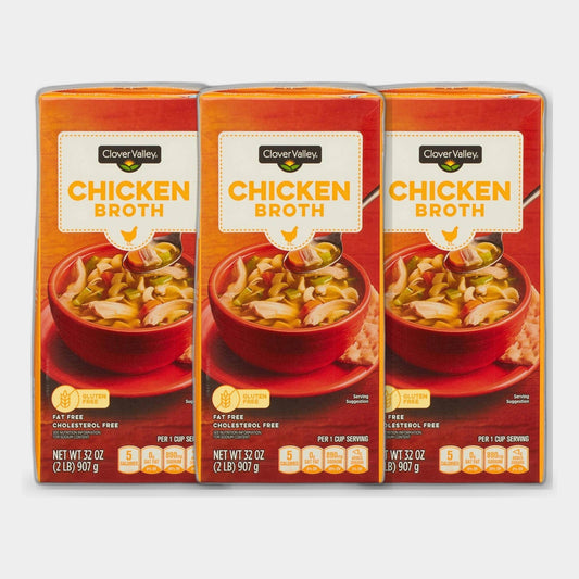 3 Cartons Clover Valley Chicken Broth, 32 oz