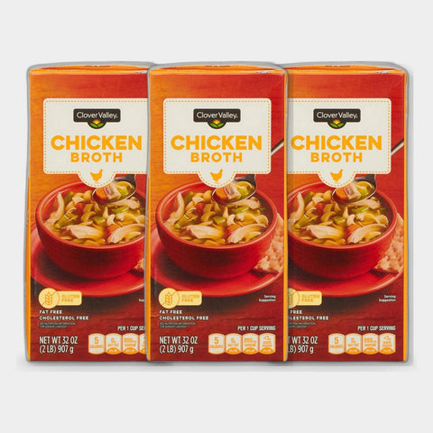 3 Cartons Clover Valley Chicken Broth, 32 oz
