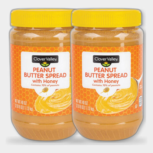 2 Jars Clover Valley Peanut Butter Spread with Honey, 40 oz